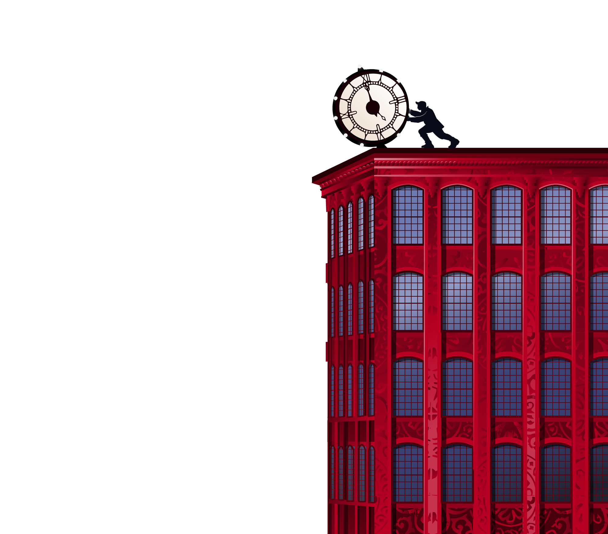 Illustration of a red city apartment building with a clock on top